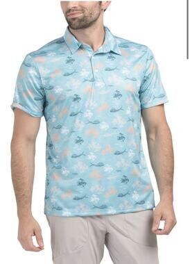 NWT Huk Mens KC Pursuit Whale Floral Fishing Performance Polo Marine Blue UPF 50